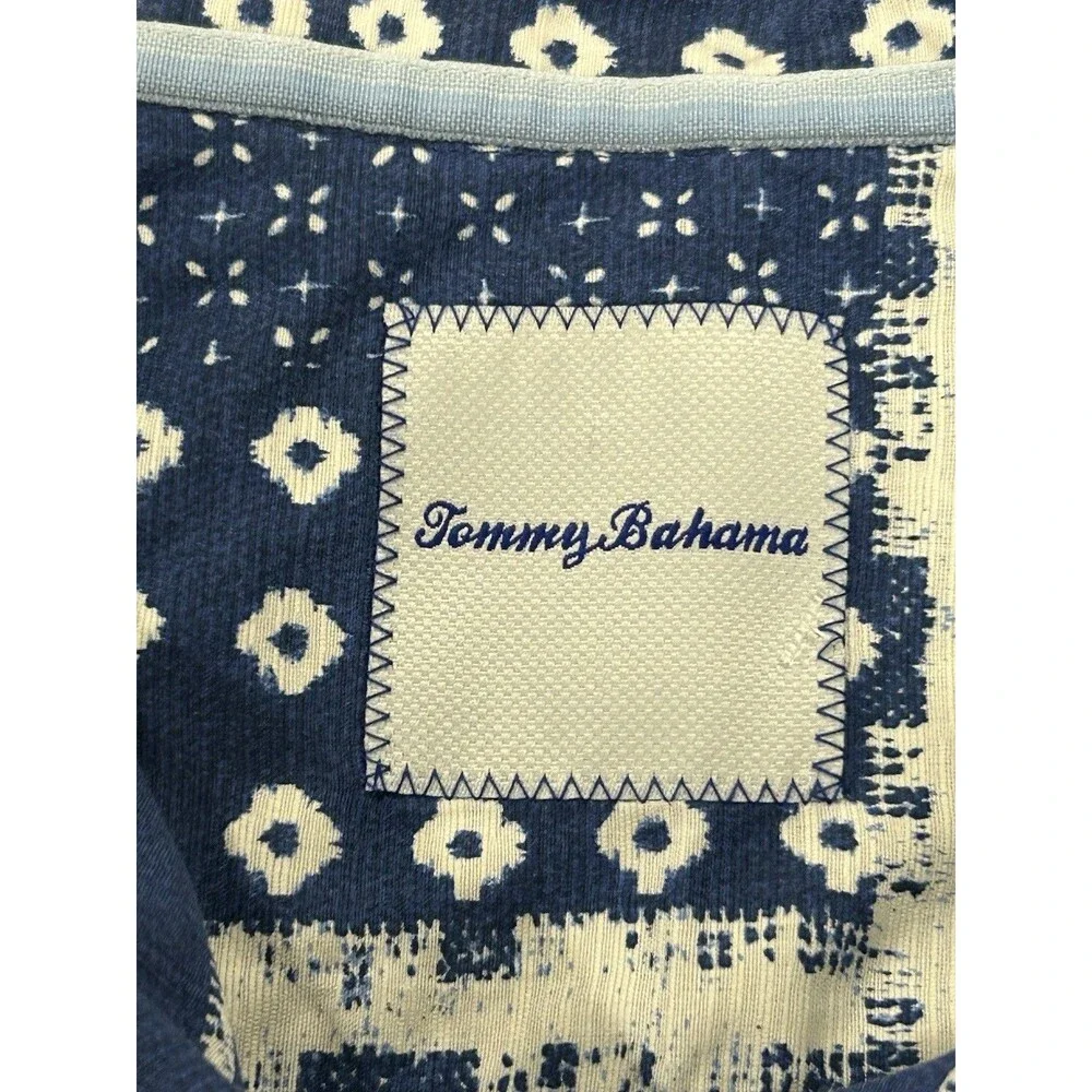 Tommy Bahama Silk Cotton Blend Shirt Sleeve Button Up Blue White Boho 3XL